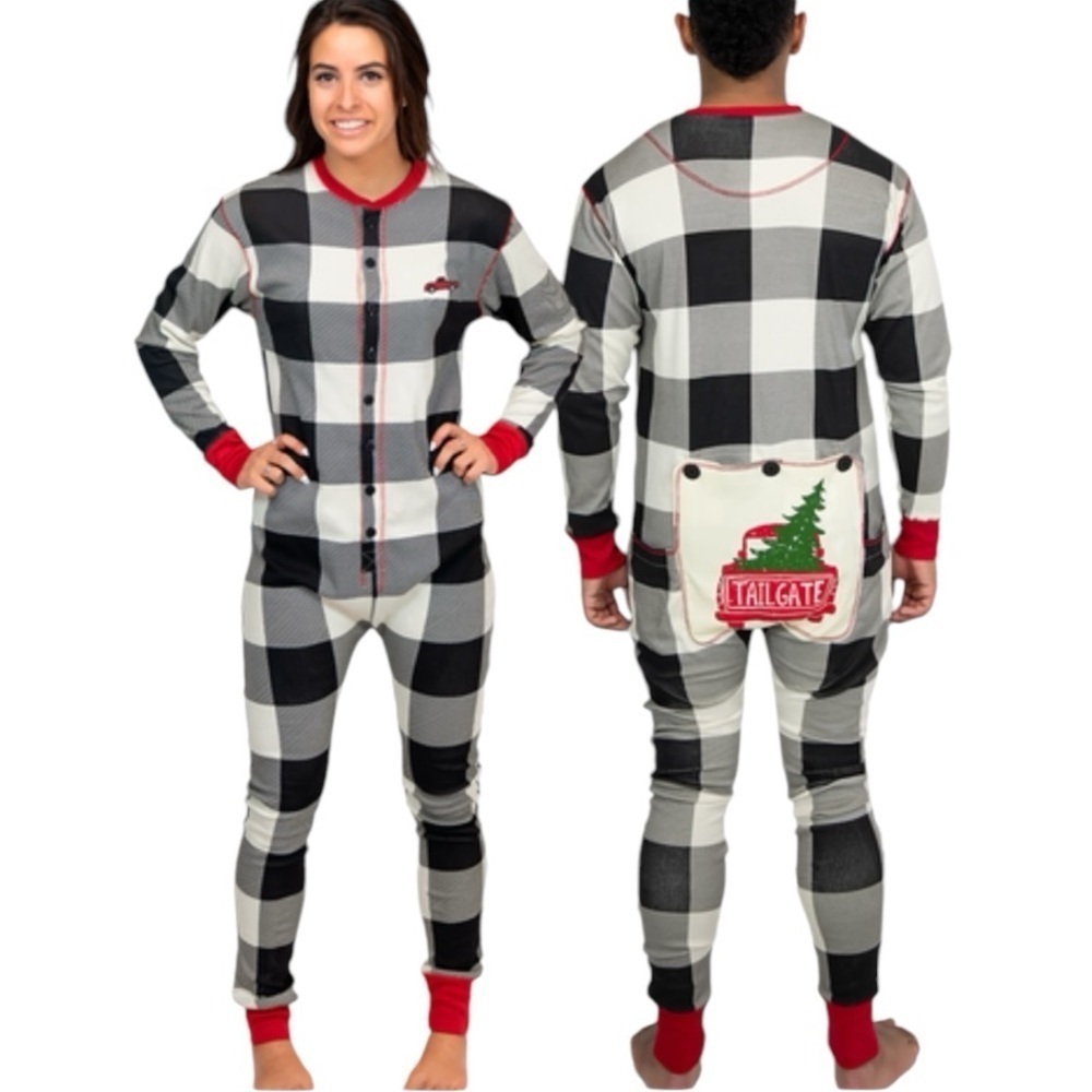 Lazy One Tailgate Flapjack Pajamas Adult L Buffalo Plaid Christmas Union Suit
